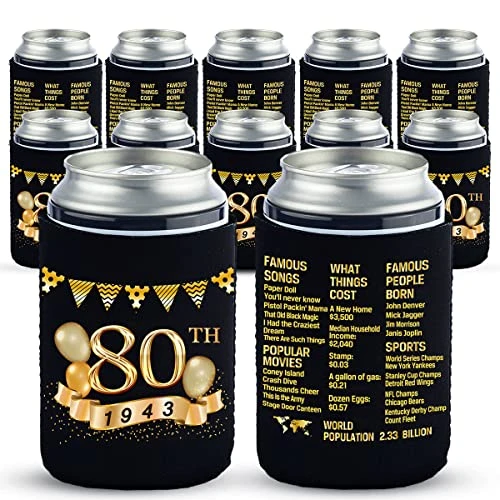 80th Birthday Can Cooler Sleeves Pack Of 12- 1943 Sign -80th Anniversary Decorations - Dirty 80th Birthday Party Supplies - Black And Gold Eightieth Birthday Cup Coolers 3 80th Birthday Can Cooler Sleeves Pack Of 12- 1943 Sign -80th Anniversary Decorations - Dirty 80th Birthday Party Supplies - Black And Gold Eightieth Birthday Cup Coolers