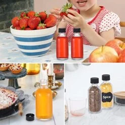 (Pack Of 72) 2oz Small Clear Glass Bottles(60ml) With Lids Boston Round Travel Bottles For Vanilla Hot Sauce Juice Whiskey Liquid Come With 72 Labels,5 Funnels,5 Droppers,1 Brush&Chalk Marker -KitchenAid Shop 51jtOi7HSyL