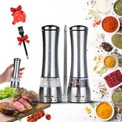 GENERIC Oup Black Pepper Mill And Salt,electric Salt And Pepper Grinder,Battery Operated With LED Lighting,Stalis Grinders With Adjustable Light And Coarseness,with Extra Stand, Cleaning Brush,( Set Of 2