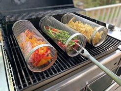 Versatile Rolling Grill Basket - Stainless Steel Wire Mesh Cylinder Grilling Rack With Removable Cover, Perfect For Vegetables, French Fries, Fish, And More - Portable BBQ Accessory (7.87in) -KitchenAid Shop 51klaomqIOL