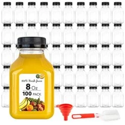 8 Oz Juice Bottles With Caps For Juicing (100 Pack) - Reusable Clear Empty Plastic Bottles - 8 Oz Drink Containers For Mini Fridge, Juicer Shots - Mini Water Bottles - Includes Labels, Brush & Funnel