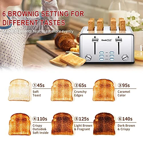 Toaster 4 Slice, Stainless Steel Toaster With Extra Wide Slots Bagel, Defrost, Cancel Function, Dual Independent Control Panel, Removable Crumb Tray, 6 Shade Settings And High Lift Lever 4 Toaster 4 Slice, Stainless Steel Toaster With Extra Wide Slots Bagel, Defrost, Cancel Function, Dual Independent Control Panel, Removable Crumb Tray, 6 Shade Settings And High Lift Lever - Image 2