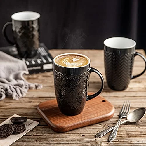 Large Coffee Mugs Set Of 6, 22oz Ceramic Tall Coffee Mugs Set With Textured Geometric Patterns For Latte/Tea/Beer/Hot Cocoa, Dishwasher & Microwave Safe, Black 7 Large Coffee Mugs Set Of 6, 22oz Ceramic Tall Coffee Mugs Set With Textured Geometric Patterns For Latte/Tea/Beer/Hot Cocoa, Dishwasher & Microwave Safe, Black - Image 5