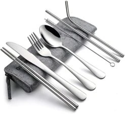 Portable Utensils, Travel Camping Cutlery Set, 8-Piece Including Knife Fork Spoon Chopsticks Cleaning Brush Straws Portable Case, Stainless Steel Flatware Set (Silver) -KitchenAid Shop 51mCsVGnzoL. AC