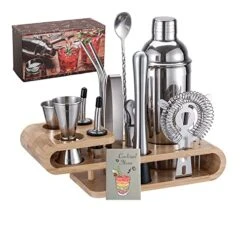 Bartender Kit Cocktail Shaker With Stylish Bamboo Stand,18-Piece Bar Tool Set With Recipes Booklet,Home Drink Mixer Set