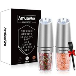 Gravity Electric Salt And Pepper Grinder Set【White Light】- Battery Operated Automatic Salt And Pepper Mills,Adjustable Coarseness,One-Handed Operation,Utility Brush,Stainless Steel By AmuseWit