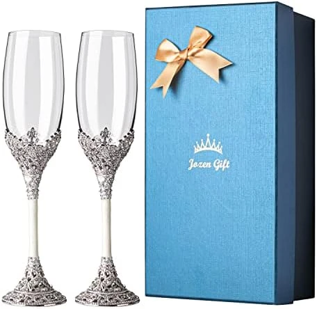 Silver Champagne Flutes - Crystal Glasses Metal Base With Crystal Stones, Set Of 2 Toasting Flute Pair, Wedding Anniversary Party Birthday Banquets, Gifts For Bride And Groom7oz… 10 Silver Champagne Flutes - Crystal Glasses Metal Base With Crystal Stones, Set Of 2 Toasting Flute Pair, Wedding Anniversary Party Birthday Banquets, Gifts For Bride And Groom7oz… - Image 8