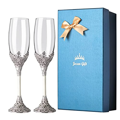 Silver Champagne Flutes - Crystal Glasses Metal Base With Crystal Stones, Set Of 2 Toasting Flute Pair, Wedding Anniversary Party Birthday Banquets, Gifts For Bride And Groom7oz… 3 Silver Champagne Flutes - Crystal Glasses Metal Base With Crystal Stones, Set Of 2 Toasting Flute Pair, Wedding Anniversary Party Birthday Banquets, Gifts For Bride And Groom7oz…