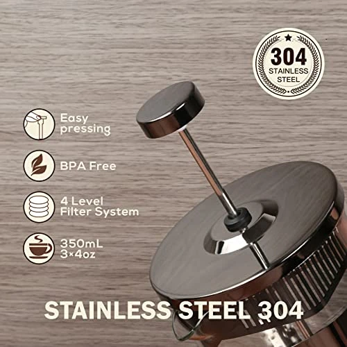 French Press Coffee Maker 12 Ounce Stainless Steel With Borosilicate Glass Heat Resistant 4 Level Filtration System For Brew Coffee & Tea Dishwasher Safe 350ml (12oz, Stainless Black) 5 French Press Coffee Maker 12 Ounce Stainless Steel With Borosilicate Glass Heat Resistant 4 Level Filtration System For Brew Coffee & Tea Dishwasher Safe 350ml (12oz, Stainless Black) - Image 3