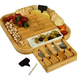 Custom Personalized Engraved Bamboo Cutting Board For Cheese & Charcuterie With Ceramic Dish, Knife Set & Cheese Markers -by Picnic At Ascot USA