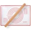 Wood French Rolling Pin For Baking, QUELLANCE Wooden Dough Roller With Silicone Baking Mat, Beech Wood Rolling Pins For Baking Dough, Pizza, Pie, Pastries, Pasta And Cookies,Red Pastry Mat