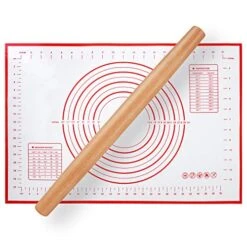 Wood French Rolling Pin For Baking, QUELLANCE Wooden Dough Roller With Silicone Baking Mat, Beech Wood Rolling Pins For Baking Dough, Pizza, Pie, Pastries, Pasta And Cookies,Red Pastry Mat