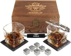 Hiskey Glass Set Of 2 - Bourbon Whiskey Stones Gift Set For Men - Includes Crystal Whisky Rocks Glasses, Chilling Stones, Slate Coasters - Scotch Glasses In Wooden Box - Wisky Burbon Retirement Gifts -KitchenAid Shop 51ngHg6BuwL. AC