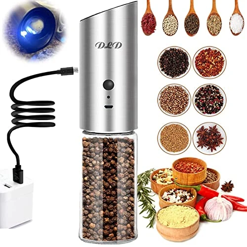 Electric Pepper Grinder USB Rechargeable, Automatic Pepper And Salt Mill Grinder With LED Light, Quick Charging Grinder, Adjustable Coarseness, One Hand Operation 3 Electric Pepper Grinder USB Rechargeable, Automatic Pepper And Salt Mill Grinder With LED Light, Quick Charging Grinder, Adjustable Coarseness, One Hand Operation