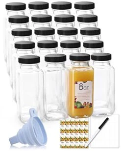 20-Pack 8 Oz Clear Glass Bottles With Airtight Caps, Reusable 8 Ounce Juicing Bottles With Black Lids, Drink Water Container Jars, Dishwash Safe