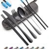 Travel Utensils Set With Case Reusable Portable Cutlery Set Stainless Steel 8pcs Including Dinner Knife Fork Spoon Chopsticks Straws(Black)