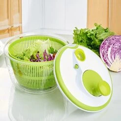 Manual Salad Spinner Fruits And Vegetable Washer With Clear Serving Bowl Colander Basket Smart-Lock Lid Easy Drain System Non-Slip Base Washes Dries & Dresses Lettuce Vegetables & Fruit (Green) -KitchenAid Shop 51ofc1zhmFL