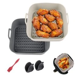 TangChu 2Pack Square Silicone Air Fryer Liners - 8inch Reusable Air Fryer Silicone Pot, Round Air Fryer Liners With Silicone Basting Brush And Heatproof Gloves, For 5 To 7Qt Air Fryer Accessories
