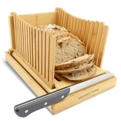 Nature Bamboo Foldable Bread Slicer With Crumb Catcher Tray, Bread Slicing Guide For Homemade Bread & Loaf Cakes, Thickness Adjustable (Knife Not Included)
