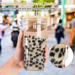 4Pack Glass Tumbler Cups With Bamboo Lids And Straws,22oz Iced Coffee Cups-Reusable Mason Jar Drinking Glasses For Bubble Tea, Beer, Smoothie -KitchenAid Shop 51pcadPwFHL