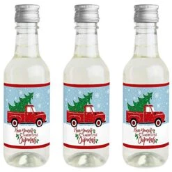 Big Dot Of Happiness Merry Little Christmas Tree - Mini Wine And Champagne Bottle Label Stickers - Red Truck Christmas Party Favor Gift For Women And Men - Set Of 16