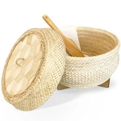 Handmade 100% Natural Thai Bamboo Sticky Rice “Electric Cooker Steamer Set”, Small Pot Insert ~ 6.5 Inch, Hewn Reed Wicker Woven Lid, 16’’ Cheesecloth Filter, And Wooden Spoon
