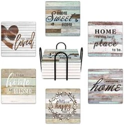 Set Of 6 Coaster For Drinks Absorbent With Cork Base, Metal Holder, Square Stone Drink Mat For Coffee Wood Table, Gift For Birthday, Rustic Farmhouse Housewarming Room Bar Decor Worn Wood