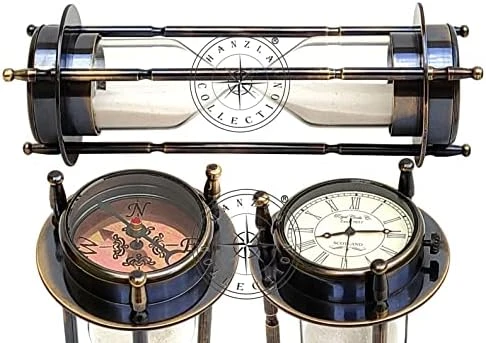 Marine Antique Brass Compass Hourglass Nautical Maritime Sand Timer & Desk Clock 7 Marine Antique Brass Compass Hourglass Nautical Maritime Sand Timer & Desk Clock - Image 5