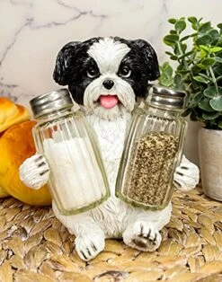 Realistic Adorable Hugging Pooch Shih Tzu Mini Toy Breed Dog Decorative Glass Salt Pepper Shakers Holder Resin Figurine 6"Tall Animal Pet Pal Kitchen Helper Spice Organizer Accent Statue