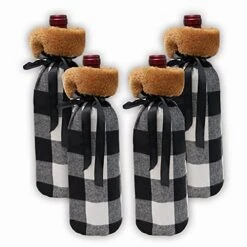 4pcs Christmas Wine Bottle Cover Buffalo Plaid With Faux Fur Cuff Wine Bottle Holder Wine Bottle Pouch Bags For Christmas Party Decorations (White And Black)