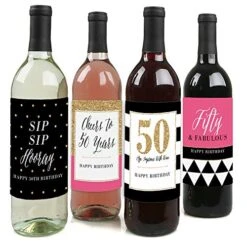 Chic 50th Birthday - Pink, Black And Gold - Wine Bottle Labels Birthday Gift - Set Of 4