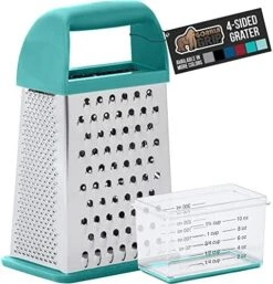 Stainless Steel Box Grater, 4-Sided XL Cheese And Spice Graters With Handle, Slice, Shred, Grate Vegetables, Ginger, Potatoes, Handheld Food Shredder, Zester, Includes Container, Black -KitchenAid Shop 51qe3Jbe1kL. AC