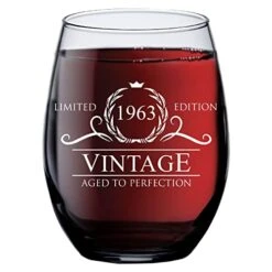 60th Birthday Gifts For Women Men - 1963 Vintage Style Stemless Wine Glass - Birthday Glasses Drinking Gifts - 60th Birthday Decorations For Women - Retirement Gifts For 60 Year Old Woman Man - 15 Oz