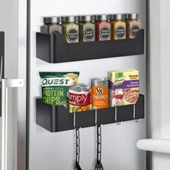 OGAU Magnetic Spice Rack For Refrigerator, 2 Pack Moveable Fridge Shelf With Hooks, Metal Spice Rack Organizer Space Saving For Kitchen, Black