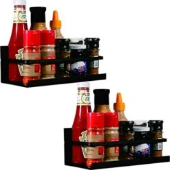 YCOCO Spice Rack For Refrigerator,Single Tier Refrigerator Spice Storage Shelf,Easy To Install The Side Of Refrigerator Can Hold Spices,Salt,Pepper,Space Saving Black Pack Of 2