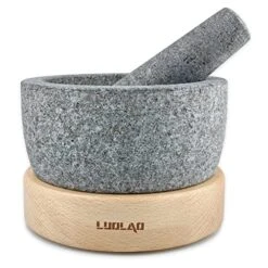 Large Mortar And Pestle Set, 2 Cup Capacity, Heavy Granite Stone Molcajete Bowl With Wood Base, Used In Guacamole, Salsa, Herb Crusher, Grind And Crush Spices And Nuts To Release Flavor, Black -KitchenAid Shop 51rMQRC5lVL