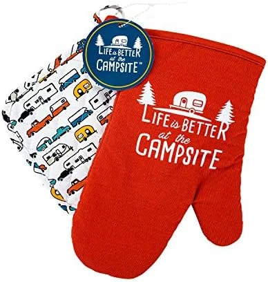 Camco Life Is Better At The Campsite Heat Resistant Oven Mitt And Pot Holder Set-Red With White Logo Design, Excellent For RV Kitchens, Camping And More (53260) 4 Camco Life Is Better At The Campsite Heat Resistant Oven Mitt And Pot Holder Set-Red With White Logo Design, Excellent For RV Kitchens, Camping And More (53260) - Image 2