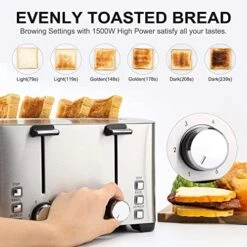 Toaster 4 Slice, Stainless Steel Toaster With Extra Wide Slots, Bagels, Defrost, Cancel Function, Dual Independent Control With 6 Shade Settings, Smart Pop-Up, Removable Crumb Trays