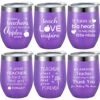 6 Pieces Thank You Gift Idea For Teachers, Teacher Graduation Appreciation Coffee Mug For Women Men Preschool Elementary Teacher, 12oz Wine Tumbler And Lids Straws Brushes (Simple Purple)