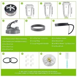 14 Pieces Blender Replacement Parts Extractor Blade And Cups For NutriBullet 600w & 900w Series, Including Gasket Shock Pad And Gear (1 Blade + 3 Cups + 1 Lids)