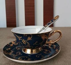 Euro Style Bone China Cup& Saucer Set, Ceramic Tea Coffee Cup For Home Kitchen Wedding (Retro Flower Pattern- Dark Blue) -KitchenAid Shop 51tsIHimnLL