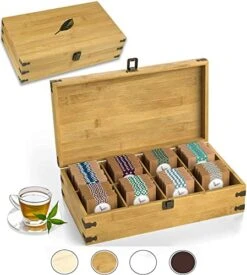 Large Wooden Tea Organizer Box, Big 14" Bamboo Storage Chest | 8-Compartment Tall, Adjustable Shelves | 100% Handmade Craft Eco-Friendly Natural Décor