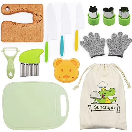 14 Pieces Wooden Kids Kitchen Knife Set With Gloves Cutting Board Fruit Vegetable Crinkle Cutters Serrated Edges Plastic Toddler Knifes For Real Cooking Kid Safe Knives - Crocodile 3 14 Pieces Wooden Kids Kitchen Knife Set With Gloves Cutting Board Fruit Vegetable Crinkle Cutters Serrated Edges Plastic Toddler Knifes For Real Cooking Kid Safe Knives - Crocodile