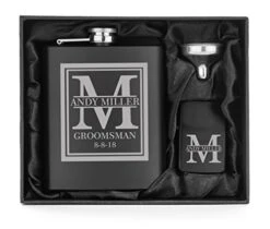 Engraved 7oz Matte Black Stainless Steel Hip Flask Funnel & Lighter Block Initial Deluxe Gift Box Custom Personalized