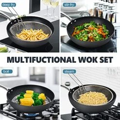 Hard Anodized Nonstick Wok With Lid, Cooking Wok Pan 12 Inch, Large Wok Pan With Flat Bottom, Induction Wok With Steamer Rack & Fry Basket, Woks And Stir Fry Pans - 5 Quart -KitchenAid Shop 51vDe267NuS