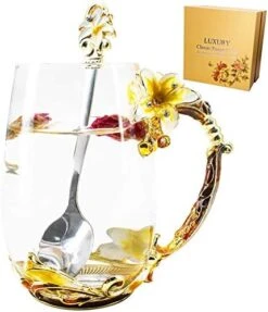 Tea Cup Coffee Mug Cups, Mother's Day Gifts, Creative Lily Flower Glass Tea Cup, Handmade Tea Mug, Unique Personalized Birthday Present Ideal For Women Friend Wedding Anniversary Birthday - 13OZ Pink -KitchenAid Shop 51vFk3k4L. AC