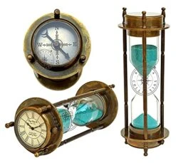 Marine Antique Brass Compass Hourglass Nautical Maritime Sand Timer & Desk Clock