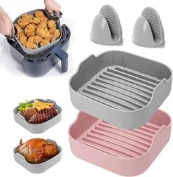 2 Pcs Air Fryer Silicone Pot Square, Bkbkday 8 Inch Silicone Air Fryer Liners Basket Food Safe Reusable For 5 QT Or Bigger Pot With Heat-proof Silicone Mitts Gloves