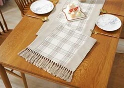 15 X 72 Inch Buffalo Checks Linen Table Runner With Handmade Fringed, Rustic Farmhouse Style Wide Table Runners 72 Inches Long For Dining Room, Dresser - Beige Plaid -KitchenAid Shop 51vpeB3wvjL