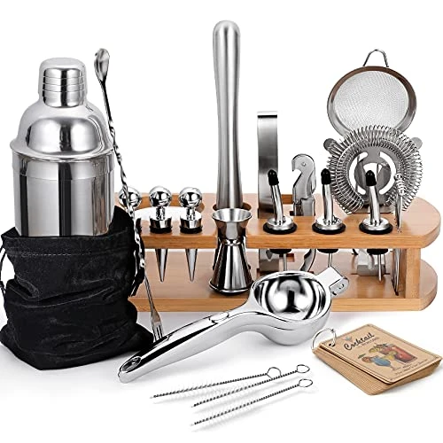 24-Piece Cocktail Shaker Bartender Kit With Stand, 24 Oz Martini Shaker, Mixing Spoon, Muddler, Measuring Jigger, Lemon Squeez, Tongs, Corkscrew, Liquor Pourers And More Professional Bar Tools 3 24-Piece Cocktail Shaker Bartender Kit With Stand, 24 Oz Martini Shaker, Mixing Spoon, Muddler, Measuring Jigger, Lemon Squeez, Tongs, Corkscrew, Liquor Pourers And More Professional Bar Tools